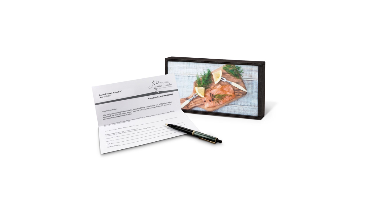 Geschenkartikel / Präsentartikel: Lachs-Gutschein in Holzbox: Genießer