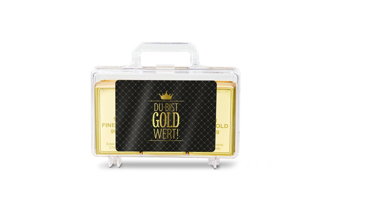 Geschenkartikel: Du bist Gold wert - Goldkoffer mit 12 Schokoladen Goldbarren (120 g)
