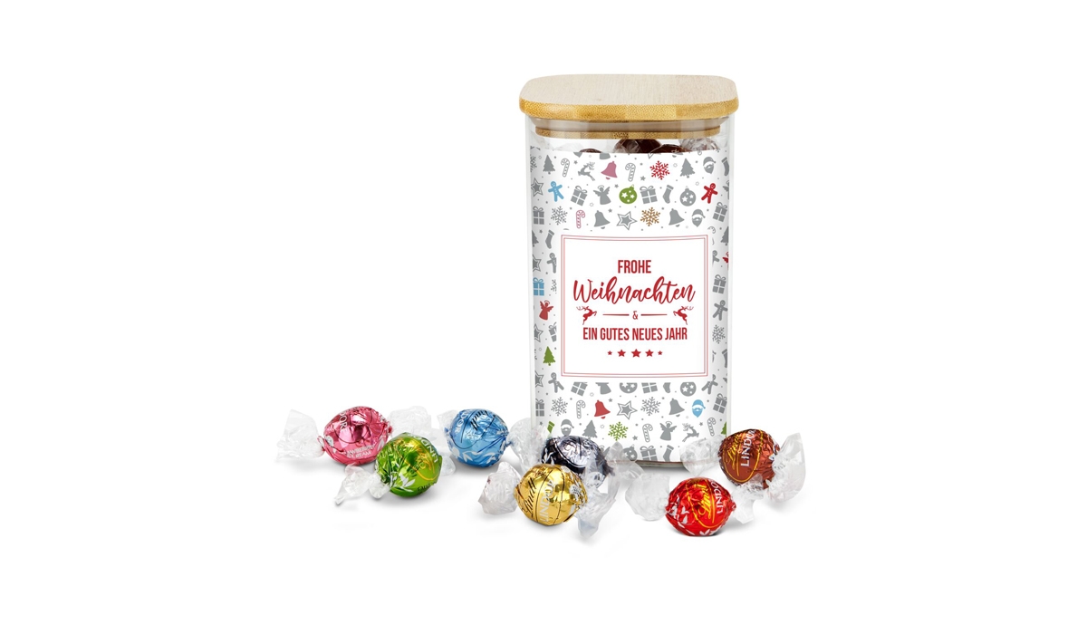 Geschenkset / Präsenteset: Lindor Team-Glas Frohe Weihnachten