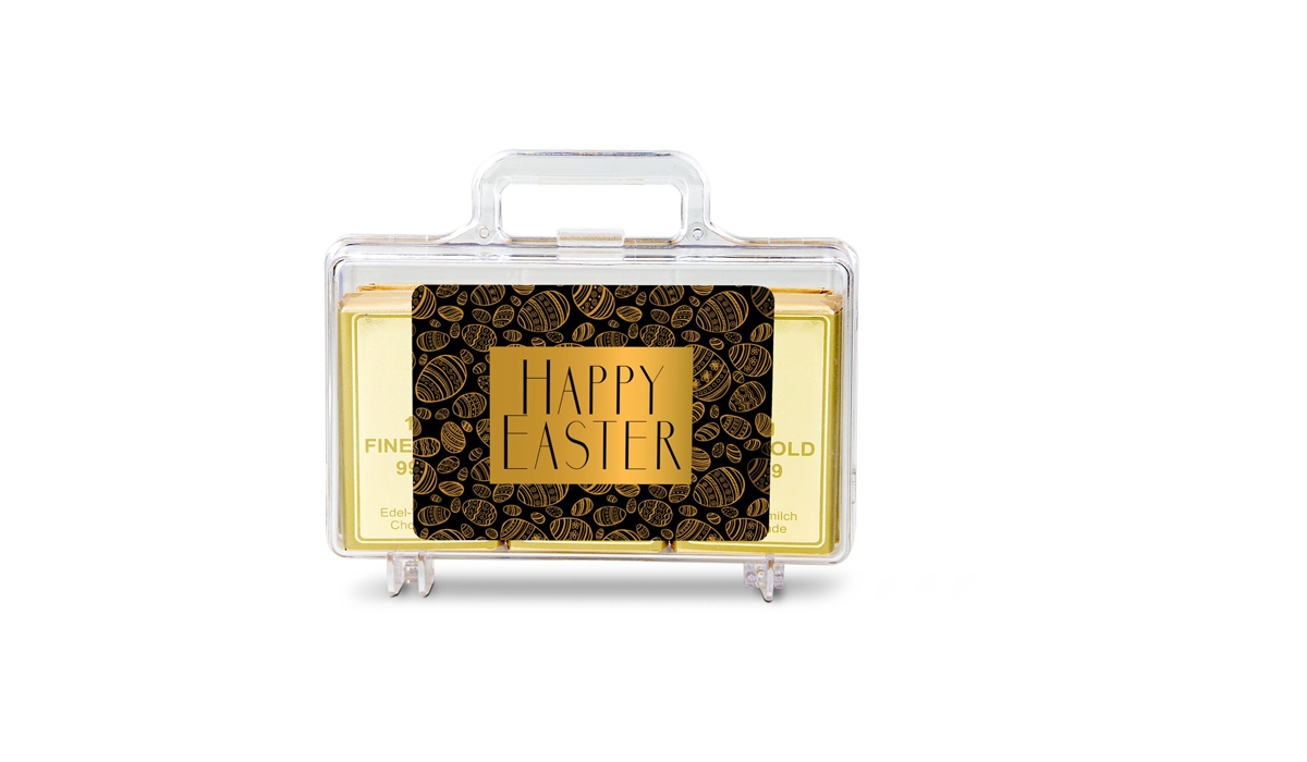 Geschenkartikel: Frohe Ostern Goldkoffer mit 12 Schokoladen Goldbarren (120 g)