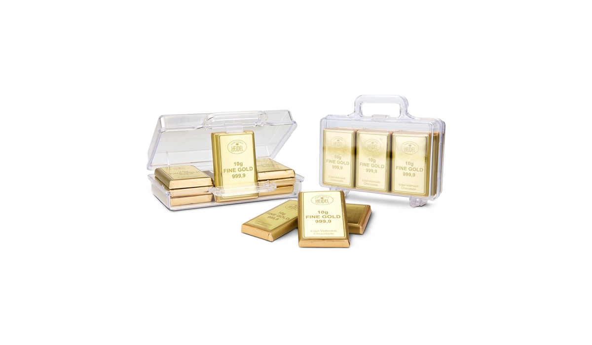 Geschenkartikel: Frohe Ostern Goldkoffer mit 12 Schokoladen Goldbarren (120 g)