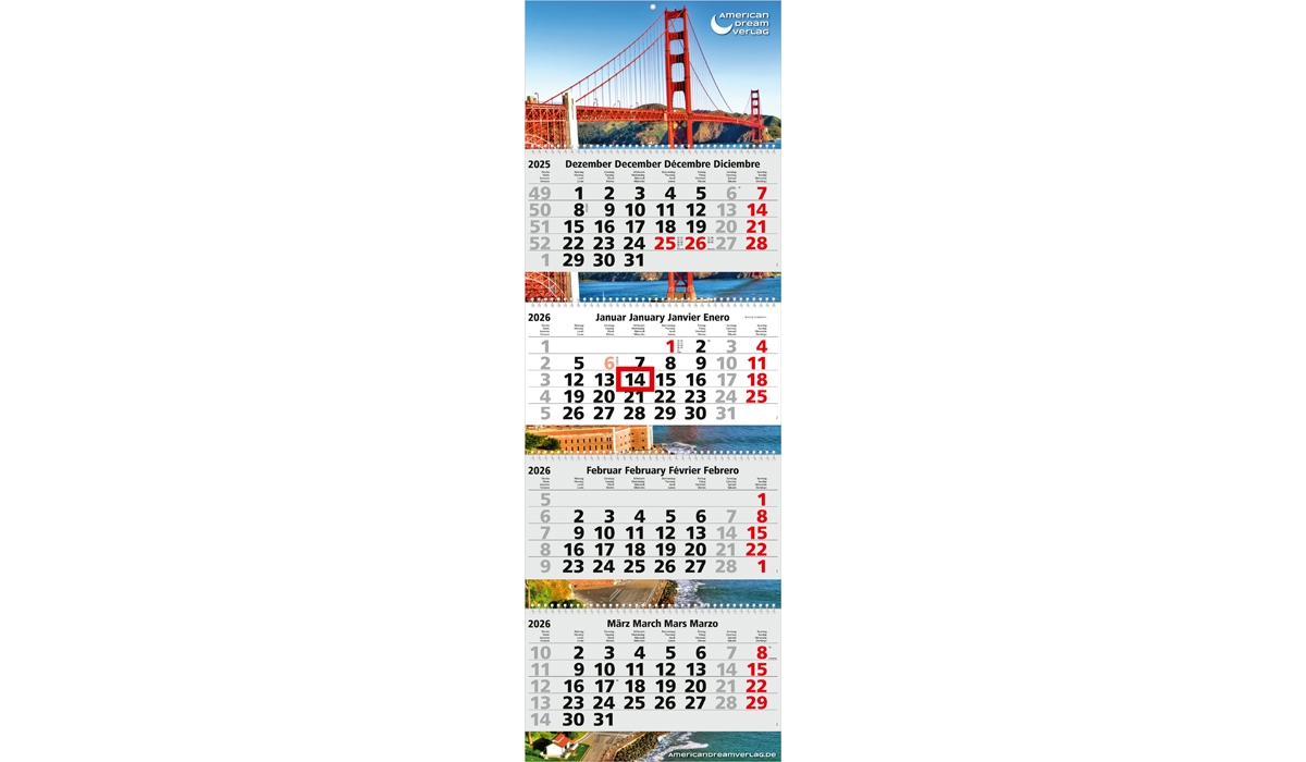4-Monatskalender 2026 Quadro Wire-O 4 Standard