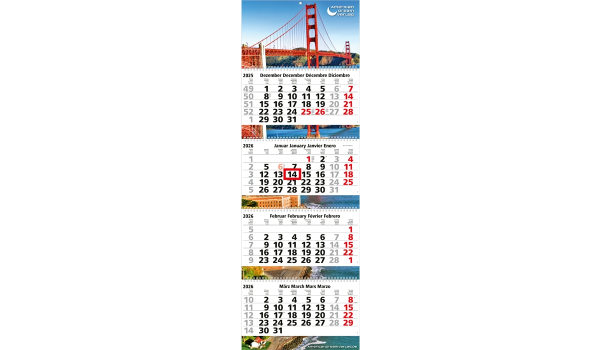 4-Monatskalender 2026 Quadro Wire-O 4 Standard