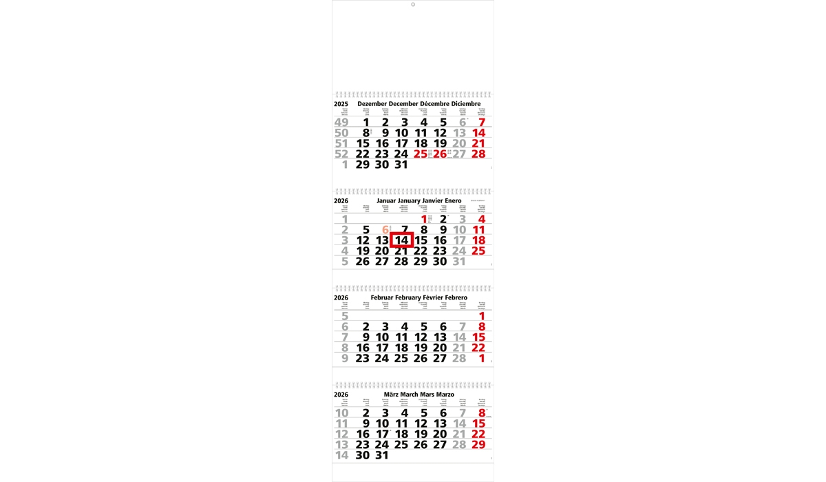 4-Monatskalender 2026 Quadro Wire-O 4 Standard