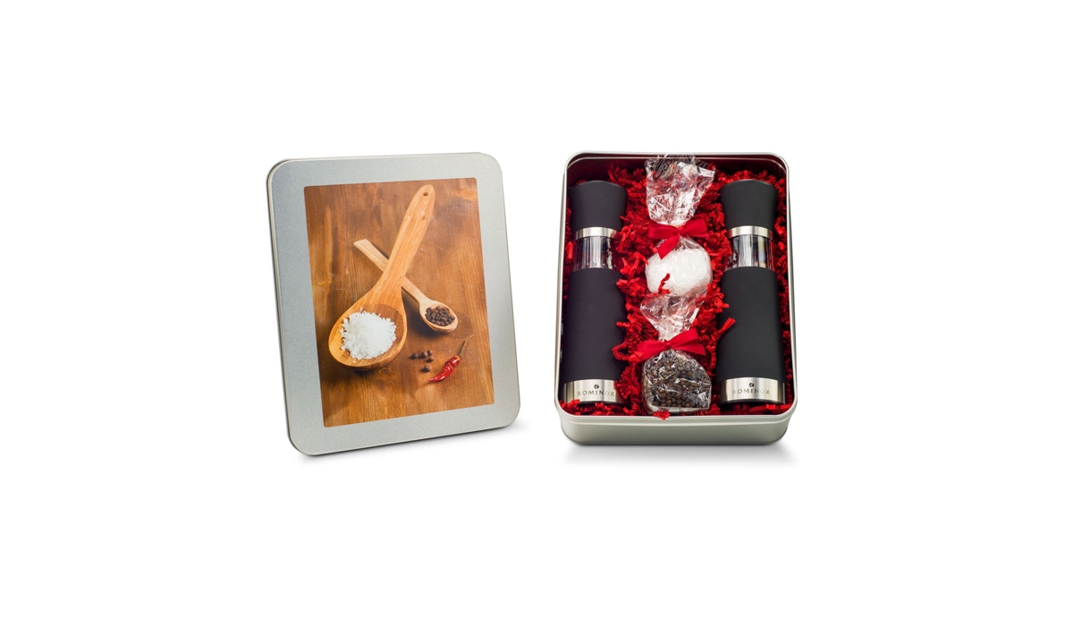 Gift box / Present set: The salt & pepper mills - in silver tin