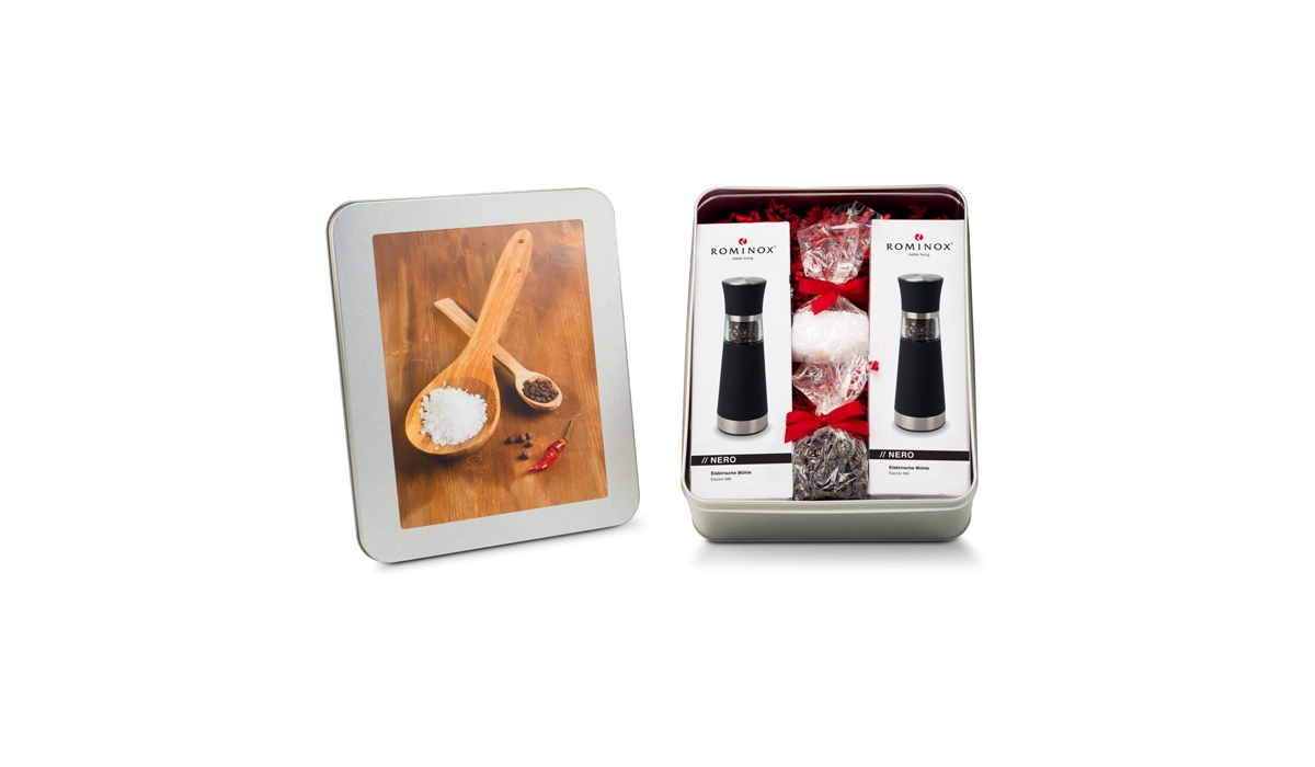 Gift box / Present set: The salt & pepper mills - in silver tin