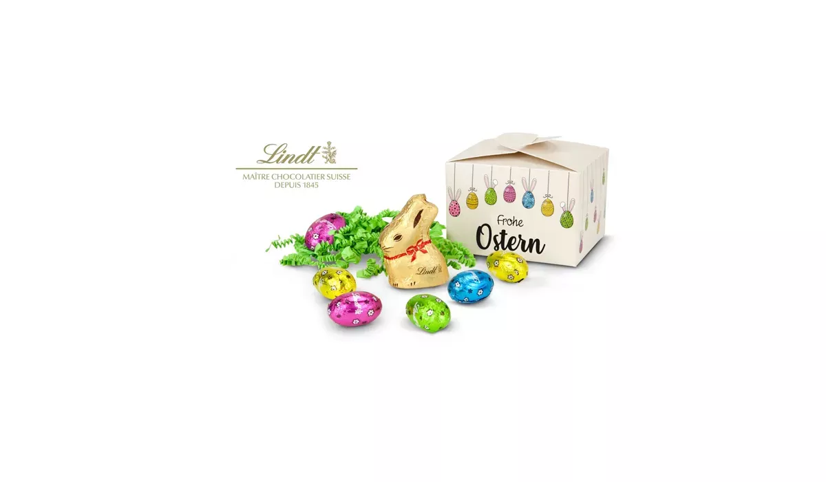 Buntes Osternest - Lindt-Osterhase mit 6 Eiern