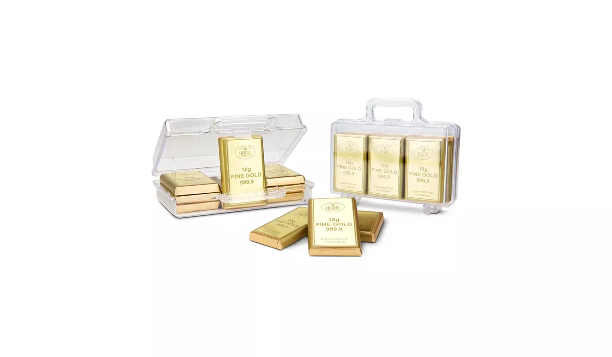 Goldkoffer mit 12 Schokoladen Goldbarren (120 g)