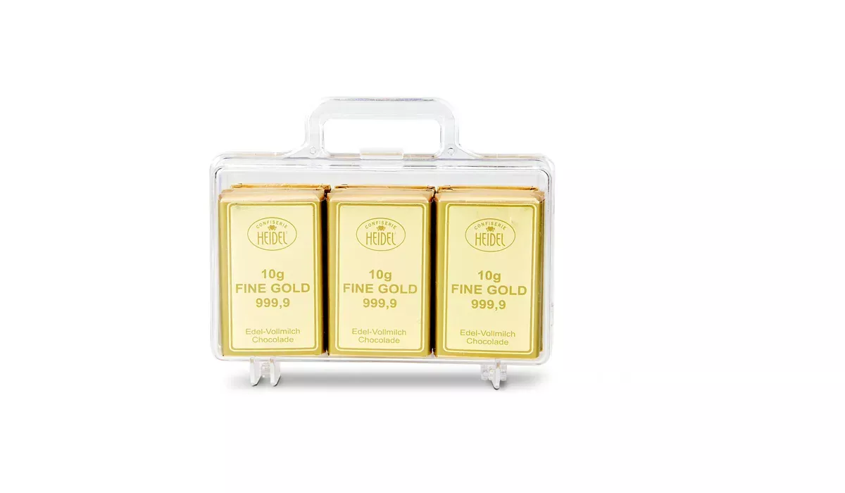 Goldkoffer mit 12 Schokoladen Goldbarren (120 g)