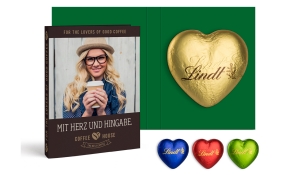 Werbeklappkarte mit Lindt Schokoladen Herz 20 g