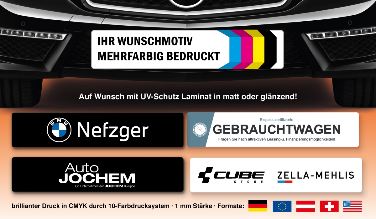Promotional license plates inserts digital direct printing + metallic in gold oder silber 1 mm