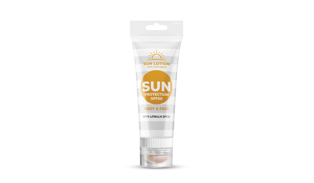 Werbeartikel: Sonnenlotion LSF 50 + CombiCap mit Lippenbalsam LSF 20