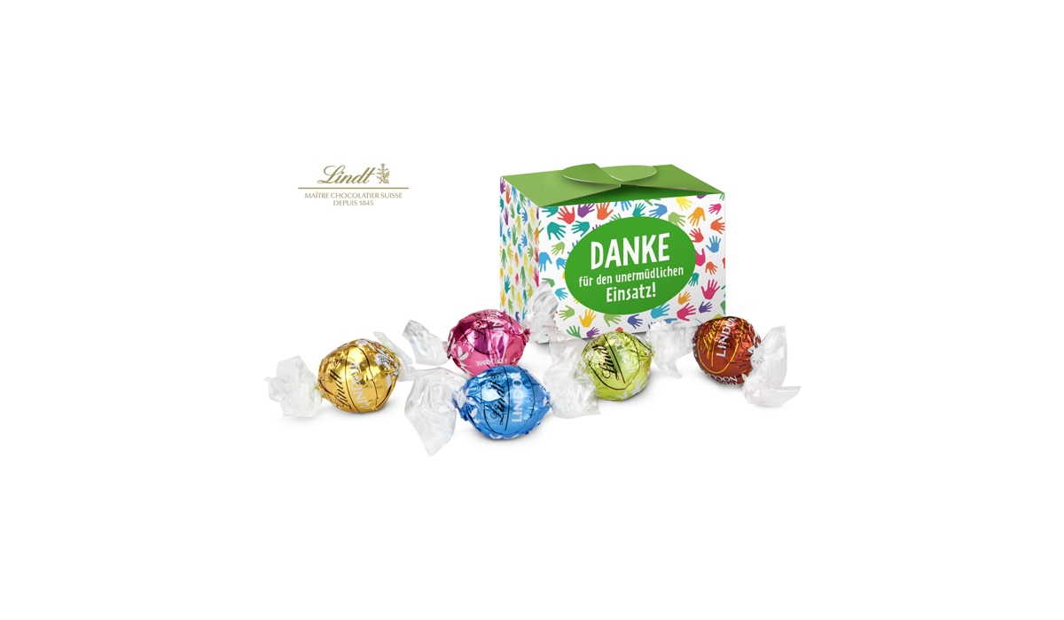 Geschenkartikel / Präsentartikel: Lindt süßes Danke, Pralinenschachtel mit bunten Händen, 6 Lindorkugeln