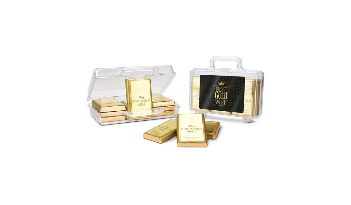 Geschenkartikel / Präsentartikel: Du bist Gold wert - Goldkoffer mit 12 Schokoladen Goldbarren (120 g)