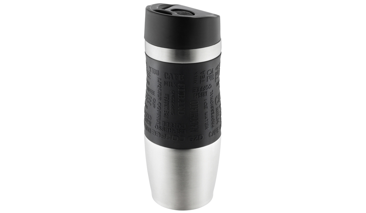 Thermobecher CremaEleganza silber, Manschette schwarz