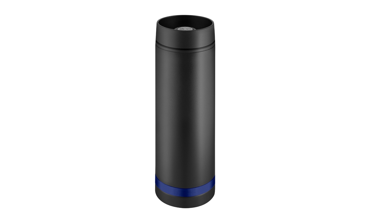 Thermobecher Crema 360° schwarz/Ring blau