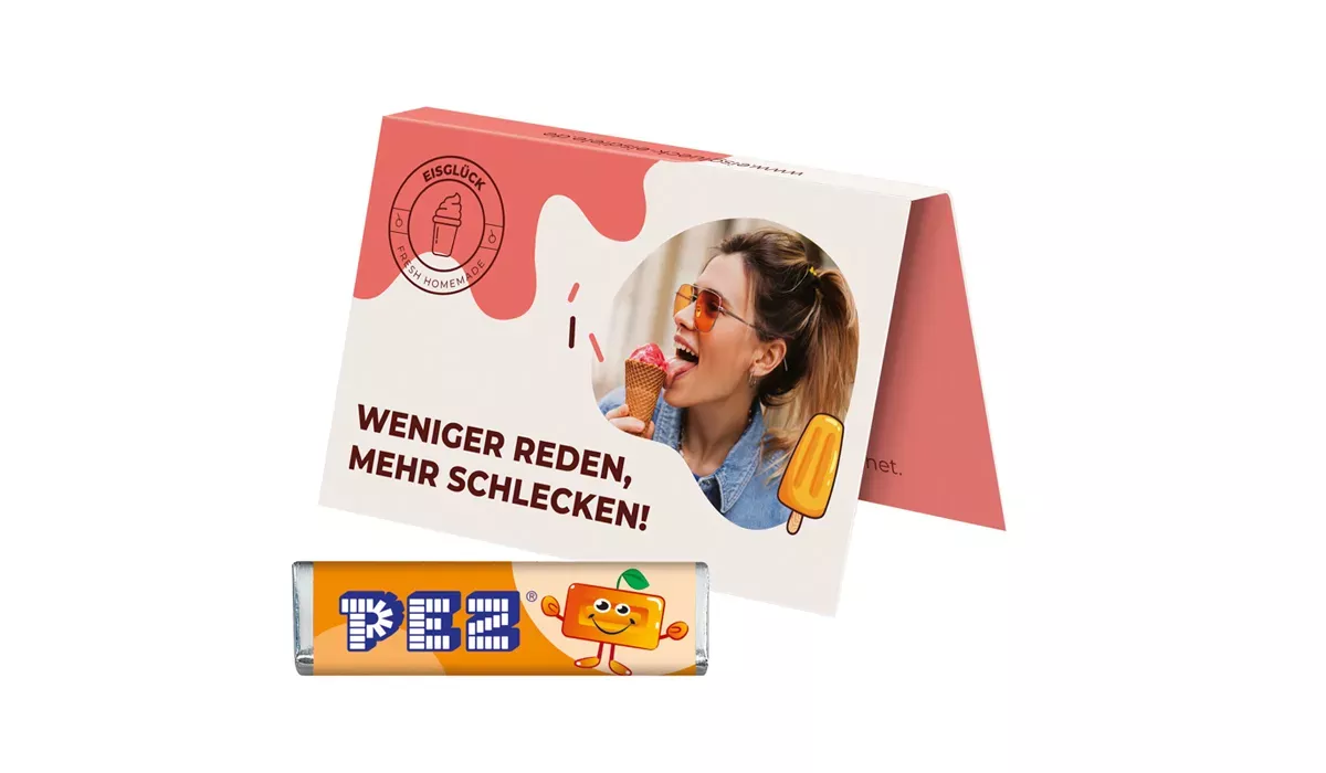 Werbekarte, PEZ Bonbonriegel Orange