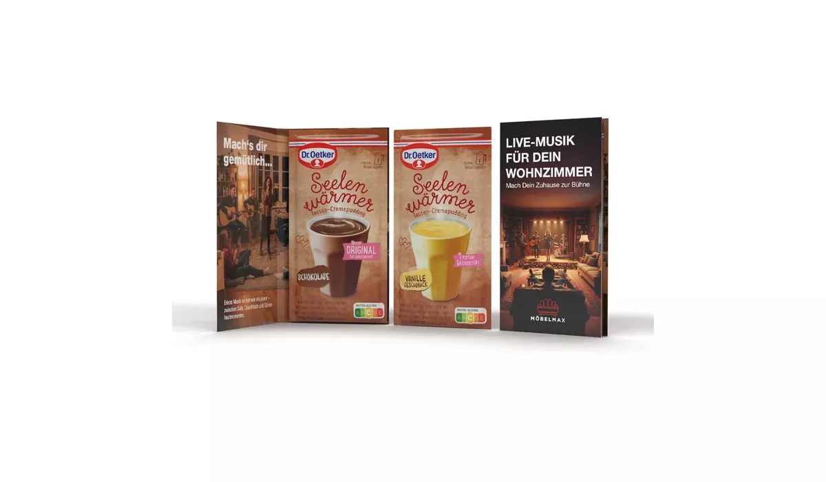 Dr. Oetker soul-warming cup pudding in a promotional folding card