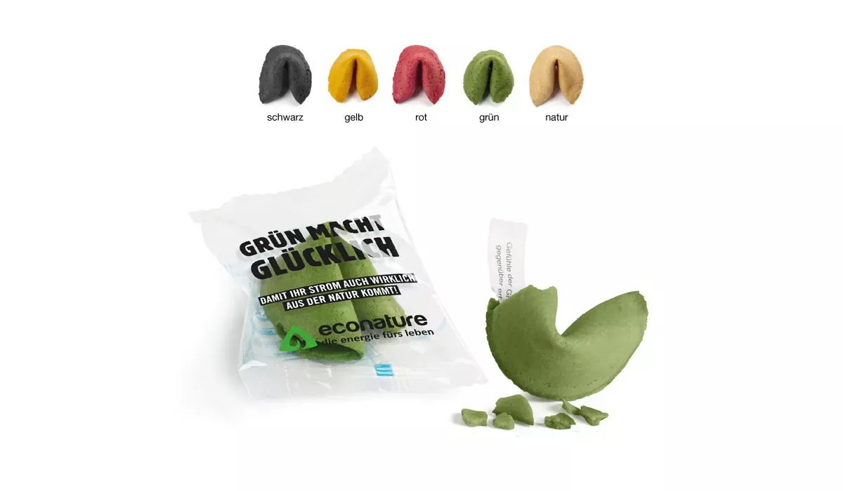 Fortune cookie colored in promotional bag