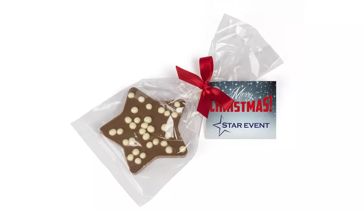 Chocolate Christmas star, dark chocolate, red ribbon