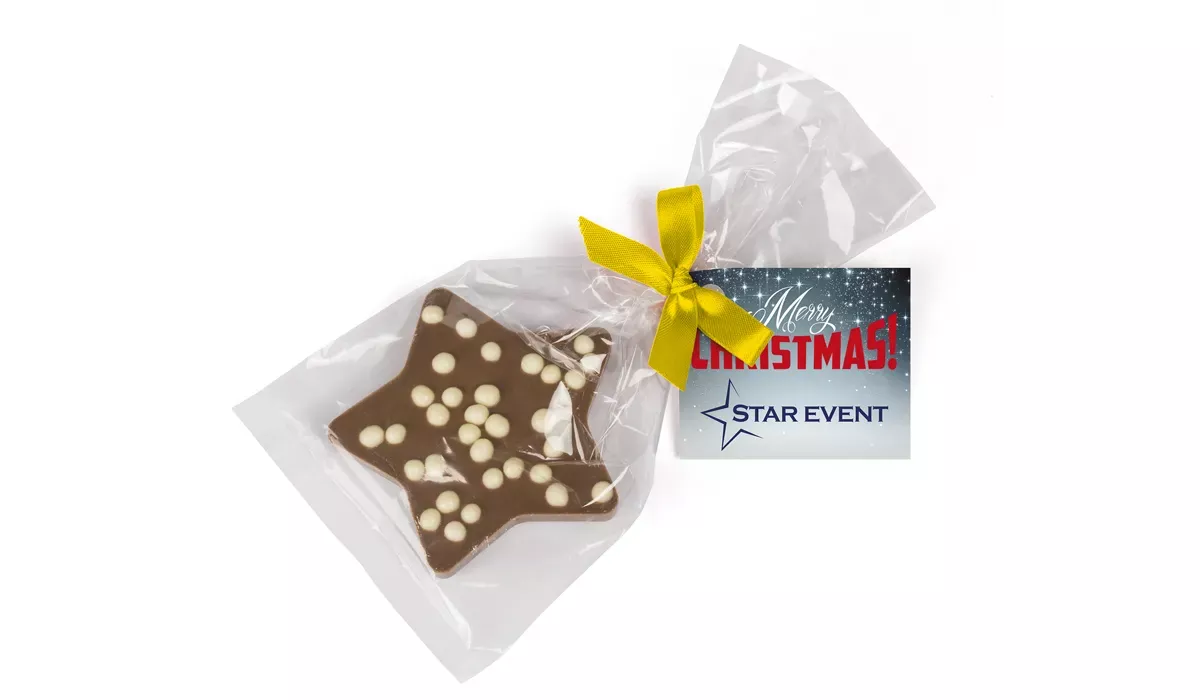 Chocolate Christmas star, dark chocolate, yellow ribbon