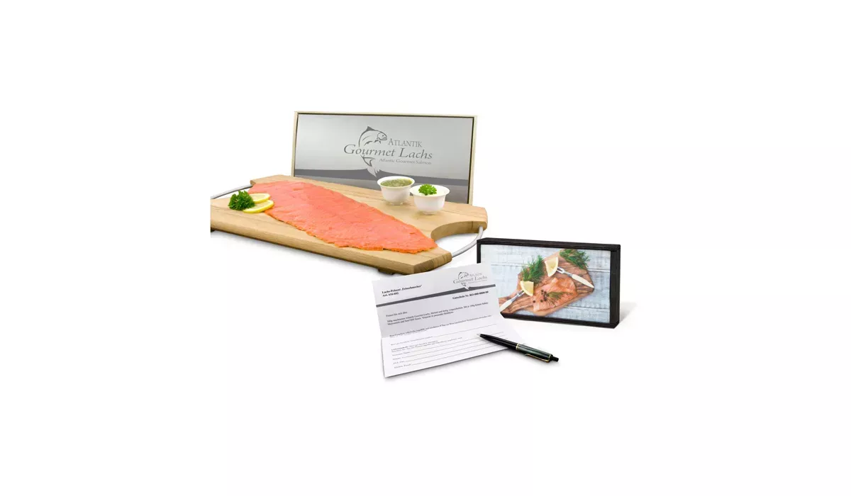 Gift product/gift article: Salmon gift coupon in wooden gift box: foodie