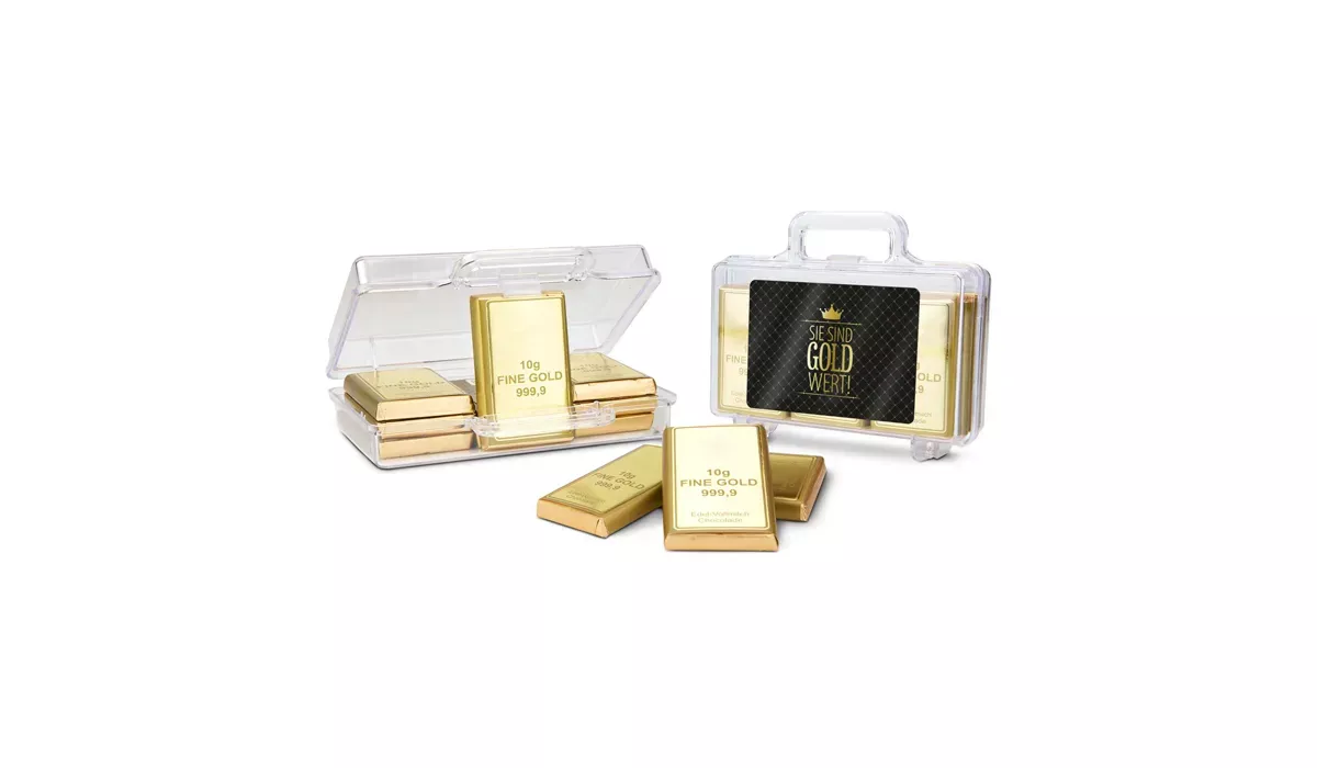 Geschenkartikel: Sie sind Gold wert Goldkoffer mit Schokoladen Goldbarren