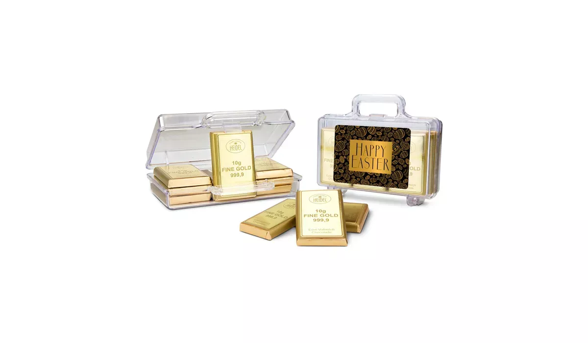 Goldkoffer mit 12 Schokoladen Goldbarren (120 g)