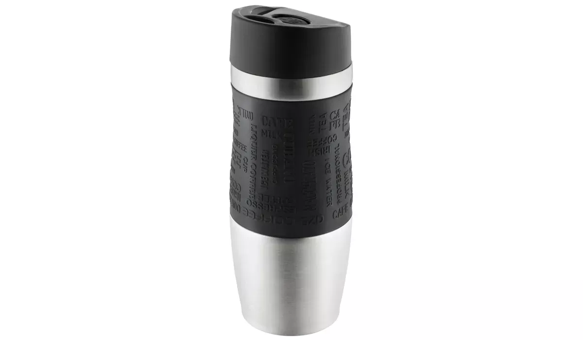 Thermobecher CremaEleganza silber, Manschette schwarz
