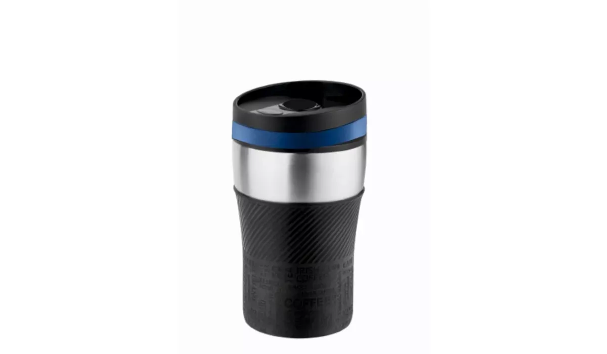 Thermobecher CremaOfficina silber/Manschette schwarz/Ring blau