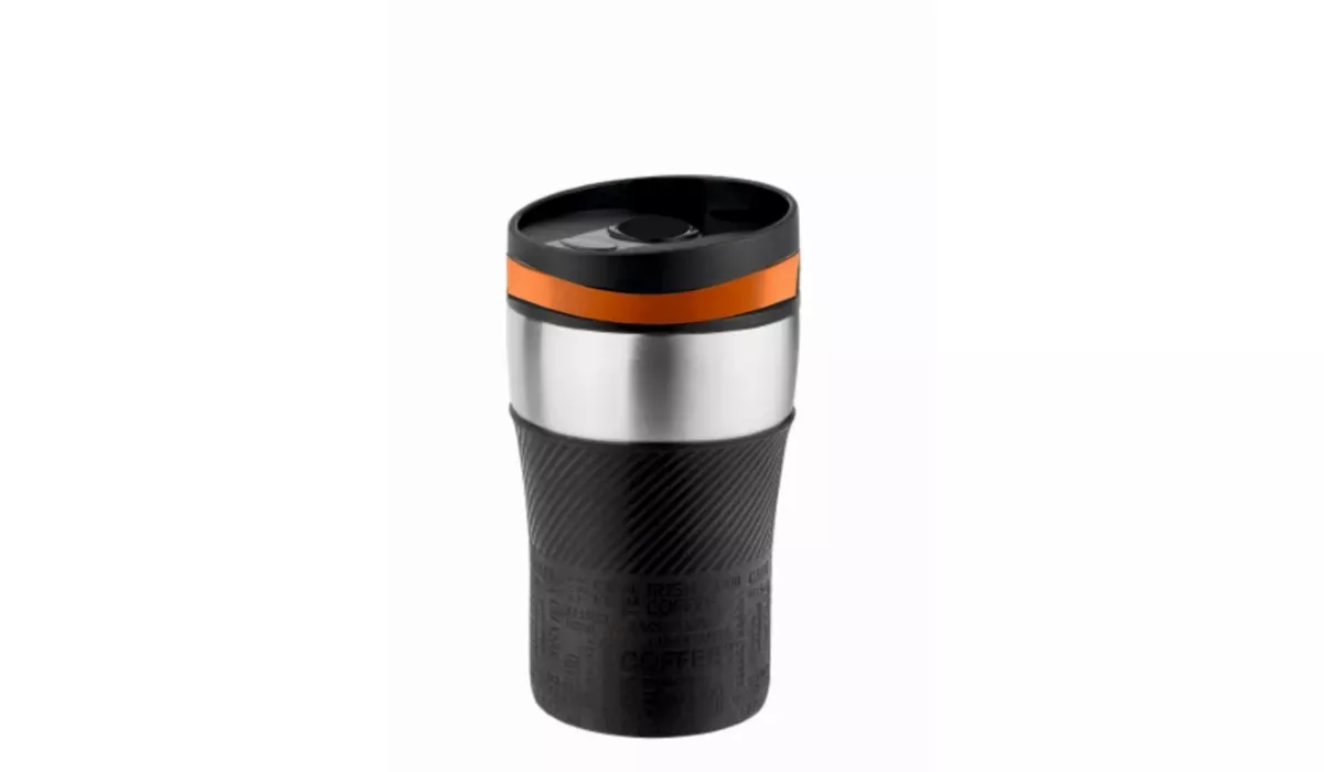 Thermobecher CremaOfficina silber/Manschette schwarz/Ring orange