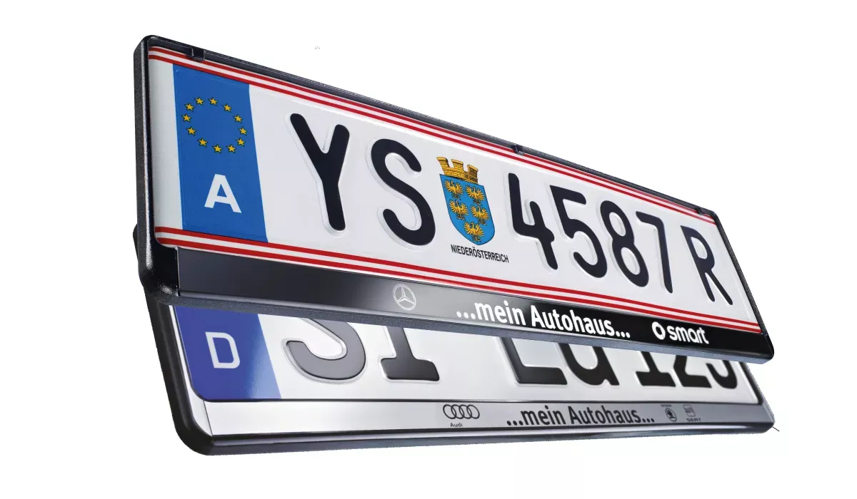 Promotional license plates holder with foil inscription