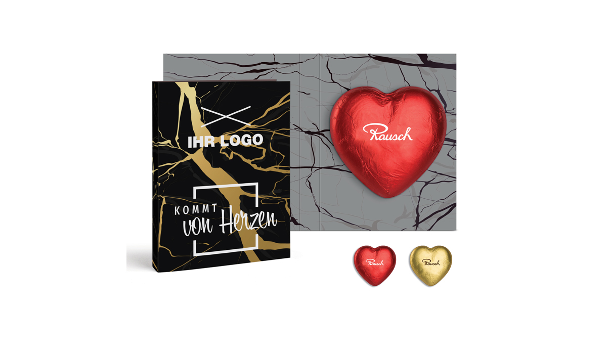 Rausch Plantations chocolate heart in advertising folding card